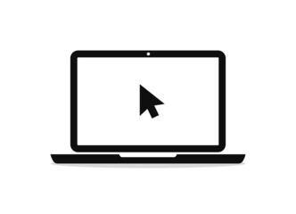 Laptop icon with arrow of mouse. Pictogram of pc with cursor on screen. Computer in flat style for click on website in internet. Logo of laptop desktop for online work or company. Vector