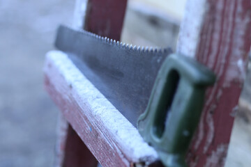 Hand-held carpentry saw for cutting small pieces of wood.