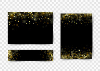 Set of black backgrounds with gold sequins. Shiny defocused golden transparent bokeh lights on dark background. Festive gold background for card, flyer, invitation, poster, coupon.