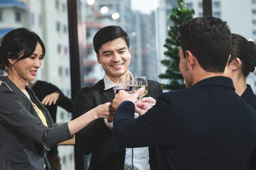 businessman and business partner person team in success, happy and fun in group celebration party