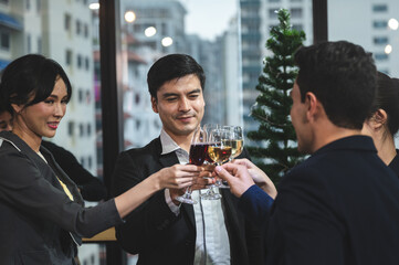 businessman and business partner person team in success, happy and fun in group celebration party
