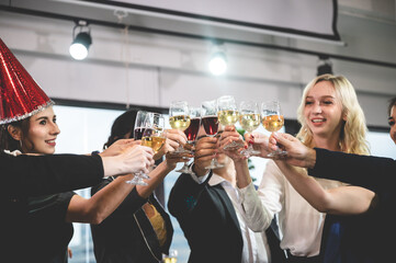 businessman and business partner person team in success, happy and fun in group celebration party