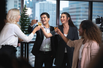 businessman and business partner person team in success, happy and fun in group celebration party