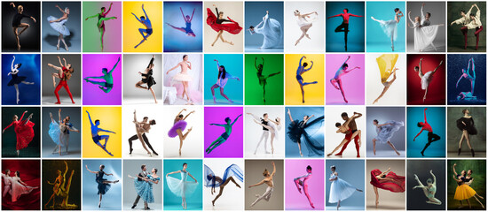 Collage made of portraits of female and male ballet dancers dancing isolated on multicolored background in neon light.