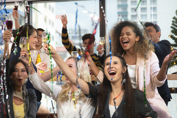 businessman and business partner person team in success, happy and fun in group celebration party