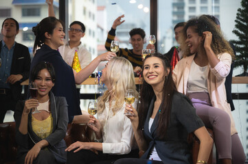 businessman and business partner person team in success, happy and fun in group celebration party