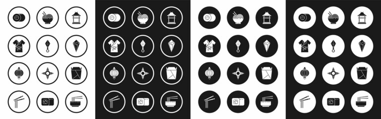 Set Japan Gate, Japanese ninja shuriken, costume Kimono, Sushi, Temaki roll, Asian noodles bowl and chopsticks, Rstaurant opened take out box filled and paper lantern icon. Vector