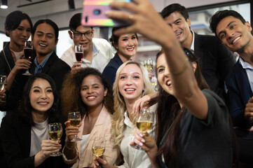 businessman and business partner person team in success, happy and fun in group celebration party