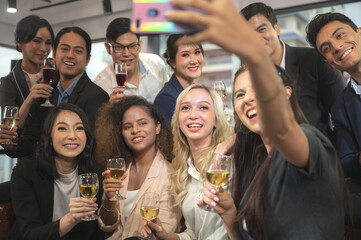 businessman and business partner person team in success, happy and fun in group celebration party