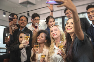 businessman and business partner person team in success, happy and fun in group celebration party