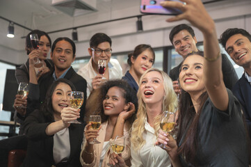 businessman and business partner person team in success, happy and fun in group celebration party