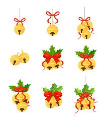 Set of Christmas golden bells with holly berries, holly leaves and a red bow on a white background