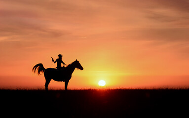Fototapeta na wymiar Cowgirl shooter with colt, horseback in prairie on sunset. Scene like wild west, film background
