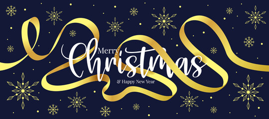 Obraz na płótnie Canvas merry christmas and happy new year text with gold ribbon rolling around and gold snow texture on dark blue background vector design