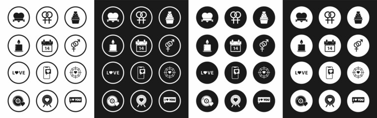 Fototapeta premium Set , Calendar with February 14, Burning candle, Heart ribbon, Gender, Female gender symbol, the center of darts target aim and Love text icon. Vector