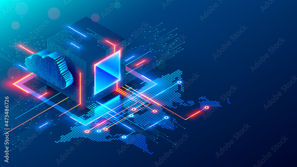 Poster Digital technology conceptual banner. Cube or block consists matrix of digits. Block chain of abstract data communication with world map through internet. Cloud computing, networking, shared access.
