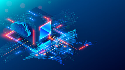 Digital technology conceptual banner. Cube or block consists matrix of digits. Block chain of abstract data communication with world map through internet. Cloud computing, networking, shared access.