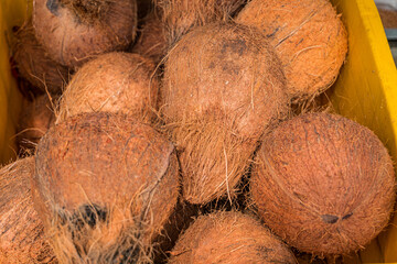Zbliżenie na kokosy na targu z owocami, tropikalny owoc.