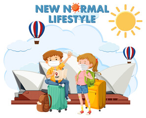 Fototapeta premium New normal lifestyle logo with couple tourist wearing mask