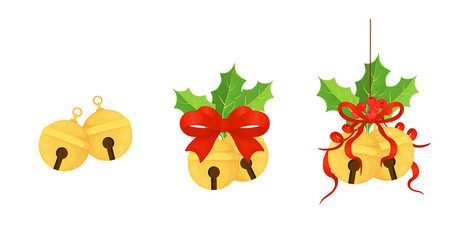 Christmas bell with holly leaves and a red bow on a white background. The bells icon. Vector illustration