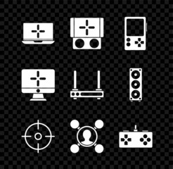Set Laptop, Portable video game console, Target sport, Share, Gamepad, Computer monitor and Router and wi-fi signal icon. Vector