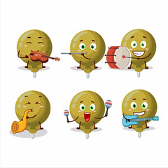 Cartoon character of yellow lolipop wrapped playing some musical instruments