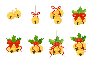 Golden Christmas bell with holly berries and a bow isolated on a white background. Vector illustration.