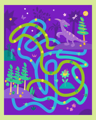 Help the dinosaur find the forest. Follow the path where he will eat 10 ginkgo leaves. Dinosaur in Jurassic Park. Game maze for children. Full color hand drawing vector illustration.