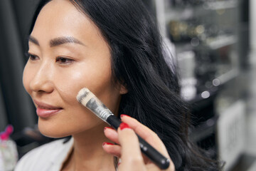 Beautiful elegant woman painting cosmetics in beauty salon