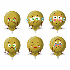 Yellow lolipop wrapped cartoon character with sad expression
