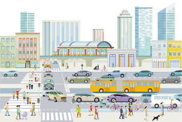 Große Stadt mit Straßenverkehr und Hoch-Bahn, und vielen Gebäuden, Illustration