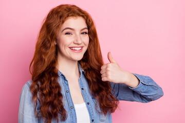 Photo of young attractive girl happy positive smile show thumb-up like perfect fine ad isolated over pastel color background