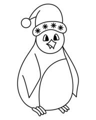 Penguin. Sketch. Bird in a Christmas cap with a snowflake. Vector illustration. Coloring book for children. Fairytale character with beak and wings. Outline on an isolated white background. Doodle sty