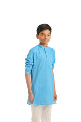 Indian boy in traditional wear and giving hand expression on white background.