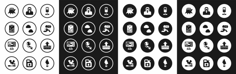 Fototapeta premium Set Trash can, Cloud, Global warming, Tree stump, Barrel oil leak, Face protective mask, Rise water level and Television report icon. Vector