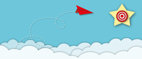 Red paper plane hitting in the target centre with star and cloud on blue sky background as metaphor for business target or goal success, Ideas inspiration and winner, success concepts. design style.