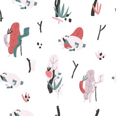 Vector element of seamless pattern with sloth, plants, leaves, snags. paper cover print design