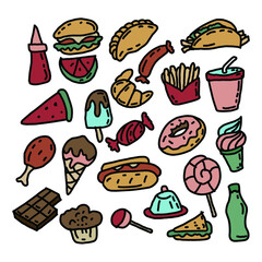 hand drawn vector food doodle illustration, various kinds of snacks