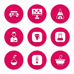 Set Funnel or filter, Pipette, Mortar and pestle, Test tube flask, Plant breeding, Laboratory assistant, on fire and Electronic scales icon. Vector