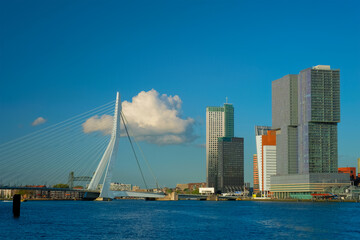 Fototapeta na wymiar Rotterdam skyscrapers skyline and Erasmusbrug bridge over of Nieuwe Maas river. Rotterdam