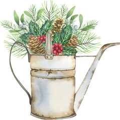 Watercolor Christmas bouquets in vintage vases with winter floral - pine cone, poinsettia, holly, mistletoe, spruce, pine brunch.