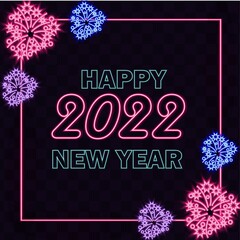 Happy New Year 2022 poster in neon style with fireworks. Illustration. 