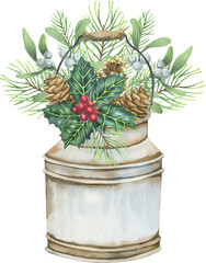 Watercolor Christmas bouquets in vintage vases with winter floral - pine cone, poinsettia, holly, mistletoe, spruce, pine brunch.