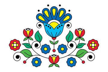 Scandinavian spring folk art vector design inspired by traditional embroidery patterns from Sweden, retro decoration with flowers, swirls and leaves motif
