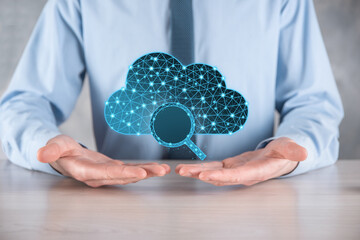 Cloud technology. Polygonal wireframe cloud storage sign with search magnifier icon on dark blue....