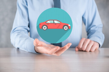 Digital composite of Man holding car icon.Car automobile insurance and car services concept....
