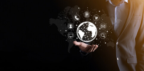 Business man hiold, use,press infographic icon of community technology digital.Concept of hi tech and big data. Global connection.IoT Internet of Things . ICT Information Communication Network .
