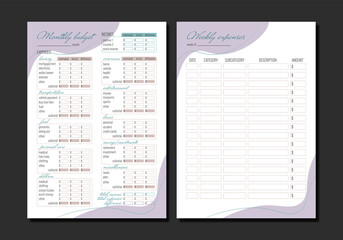 Financial planner. Monthly budget and weekly expenses. A4 printable template. Vector Illustration