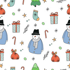 Christmas vector illustration snowman  snowflake 
 tree seamless pattern 