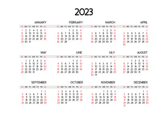 Calendar template for the year 2023. The beginning of the week is Sunday. Highlight the desired holidays in red. Vector design